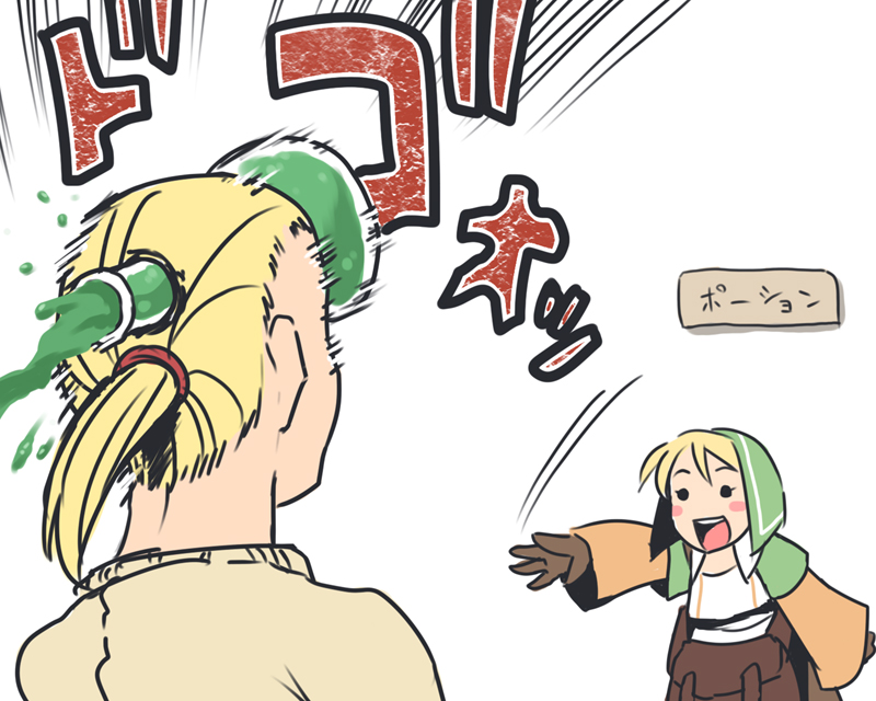 tsukudani (coke-buta), chemist (fft), mustadio bunansa, final fantasy, final fantasy tactics, bad id, bad pixiv id, translated, 1boy, 1girl, bag, blonde hair, blush, blush stickers, bottle, chemist, gameplay mechanics, gloves, happy, headshot, hood, impaled, in the face, long hair, motion lines, ponytail, potion, simple background, smile, through head, throwing, white background