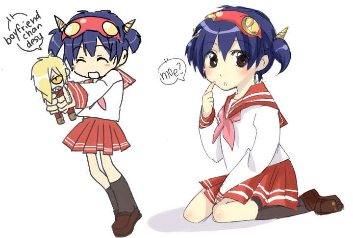 emily hu, simon (ttgl), viral (ttgl), tengen toppa gurren lagann, gender request, 00s, 1girl, blue hair, character doll, chibi, doll, drill, genderswap, glasses, moe (phrase), romaji text, school uniform, serafuku, tsintails, twintails
