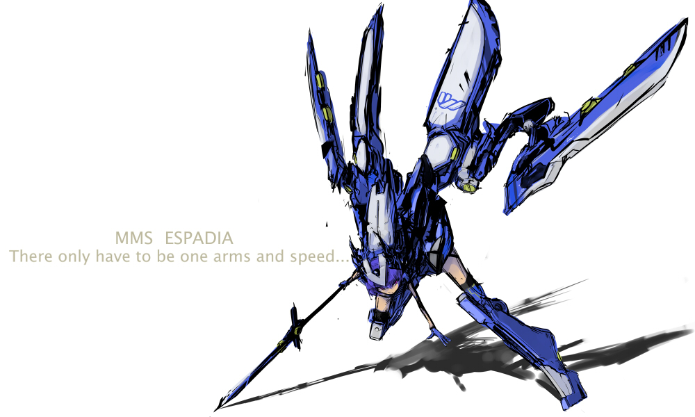 espadia, busou shinki, 10s, 1girl, female focus, full body, mecha, purple hair, red eyes, robot, simple background, sketch, solo, white background