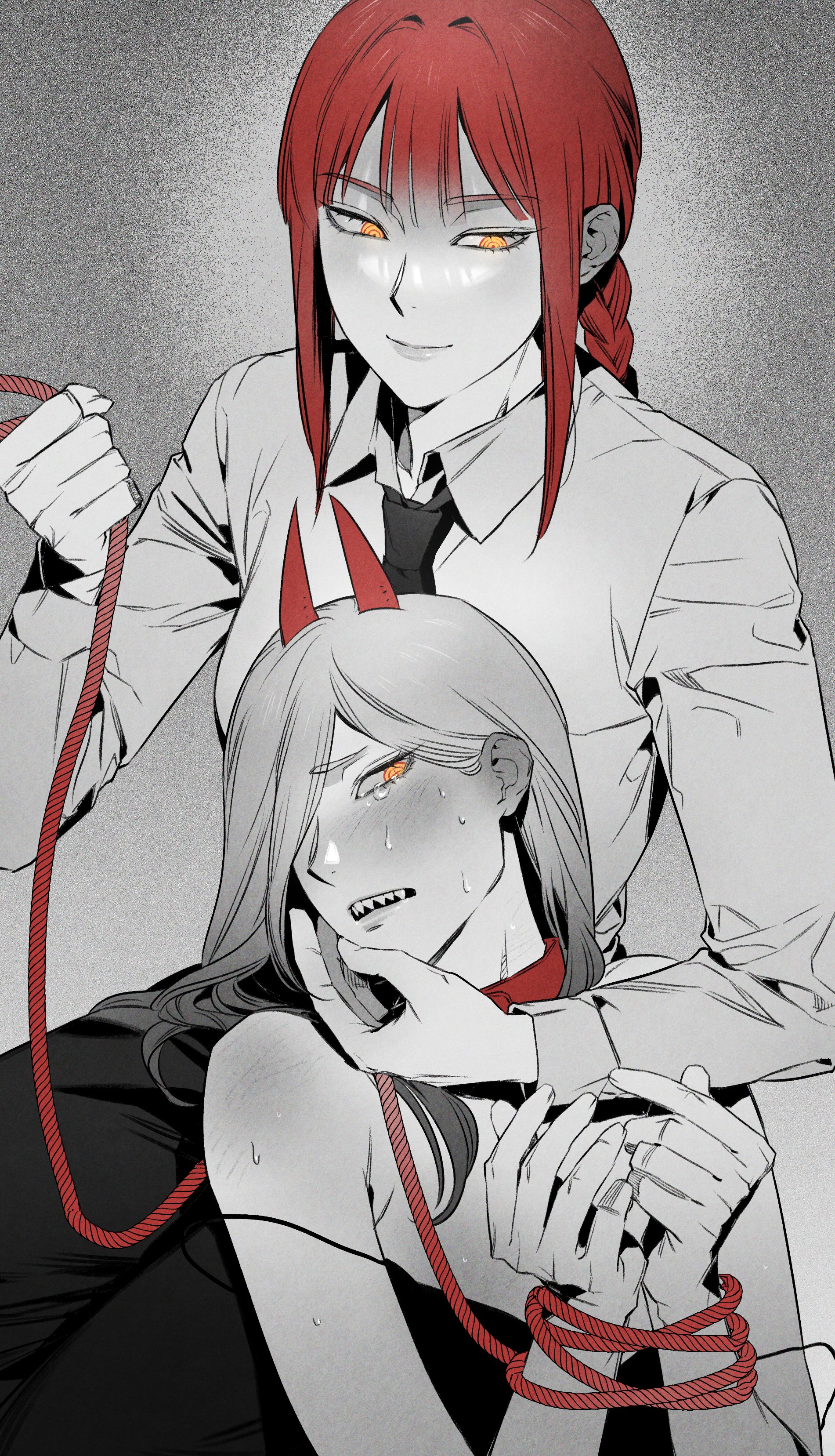 haih864851, makima (chainsaw man), power (chainsaw man), chainsaw man, absurdres, commentary request, highres, korean commentary, 2girls, braid, collar, collared shirt, greyscale, hand on another's face, holding, holding leash, horns, leash, long hair, monochrome, multiple girls, necktie, red hair, ringed eyes, sharp teeth, shirt, single braid, smile, spot color, sweat, tears, teeth, yellow eyes, yuri