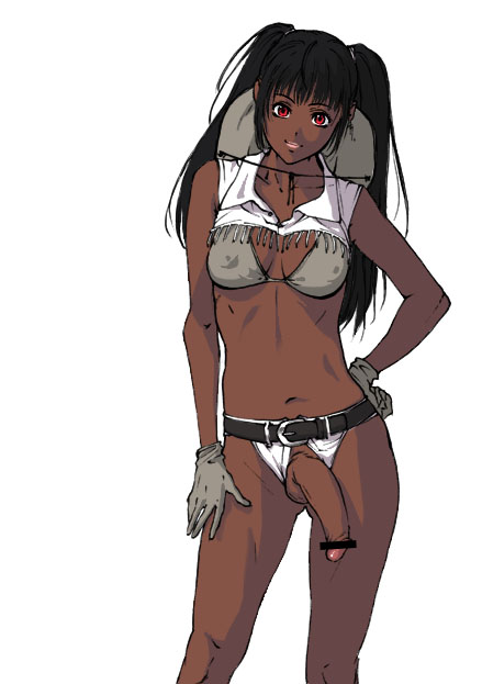 artist request, 1futa, belt, black hair, censored, cowboy hat, cowboy western, dark skin, futanari, gloves, hat, long hair, penis, red eyes, solo, twintails
