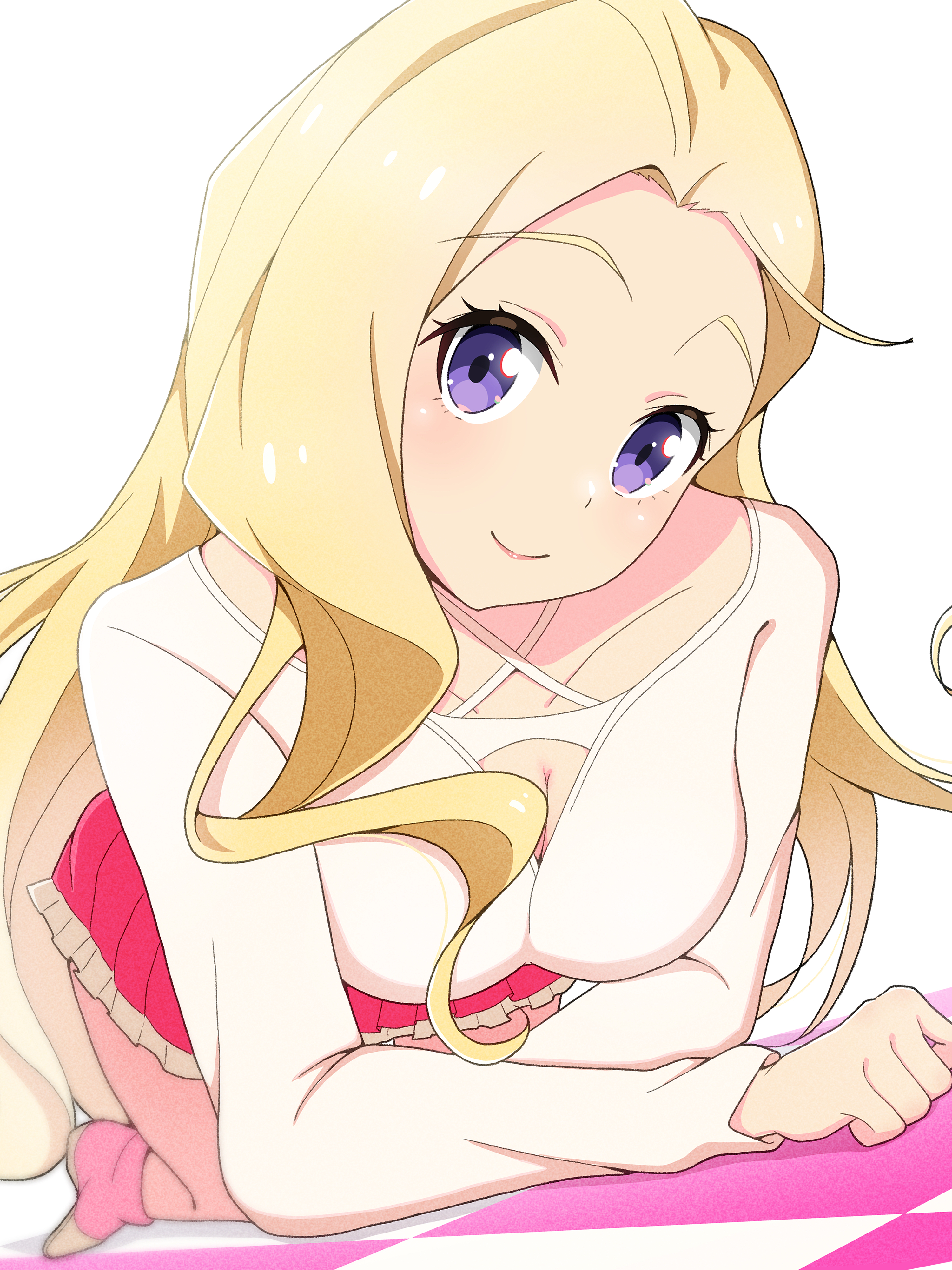 litecolors radi, konohana aurora, ikizulive! love live! bluebird, love live!, absurdres, commentary, highres, 1girl, all fours, blonde hair, breasts, checkered floor, cleavage, long hair, long sleeves, looking at viewer, medium breasts, pink skirt, purple eyes, shirt, simple background, skirt, smile, white background, white shirt