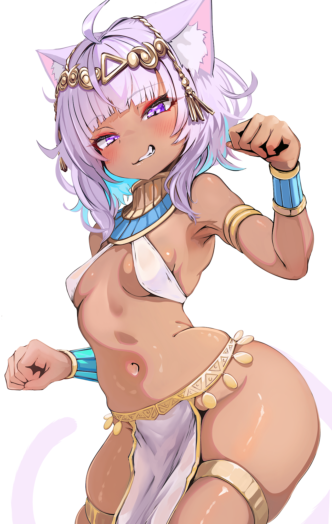 kajimakoto, nekomata okayu, hololive, highres, 1girl, ahoge, alternate costume, alternate skin color, ancient egyptian clothes, animal ear fluff, animal ears, blue hair, blush, breasts, cat ears, cat girl, closed mouth, colored inner hair, dark-skinned female, dark skin, fang, looking at viewer, medium hair, multicolored hair, navel, paw pose, purple eyes, purple hair, small breasts, smile, solo, thigh strap, two-tone hair, virtual youtuber