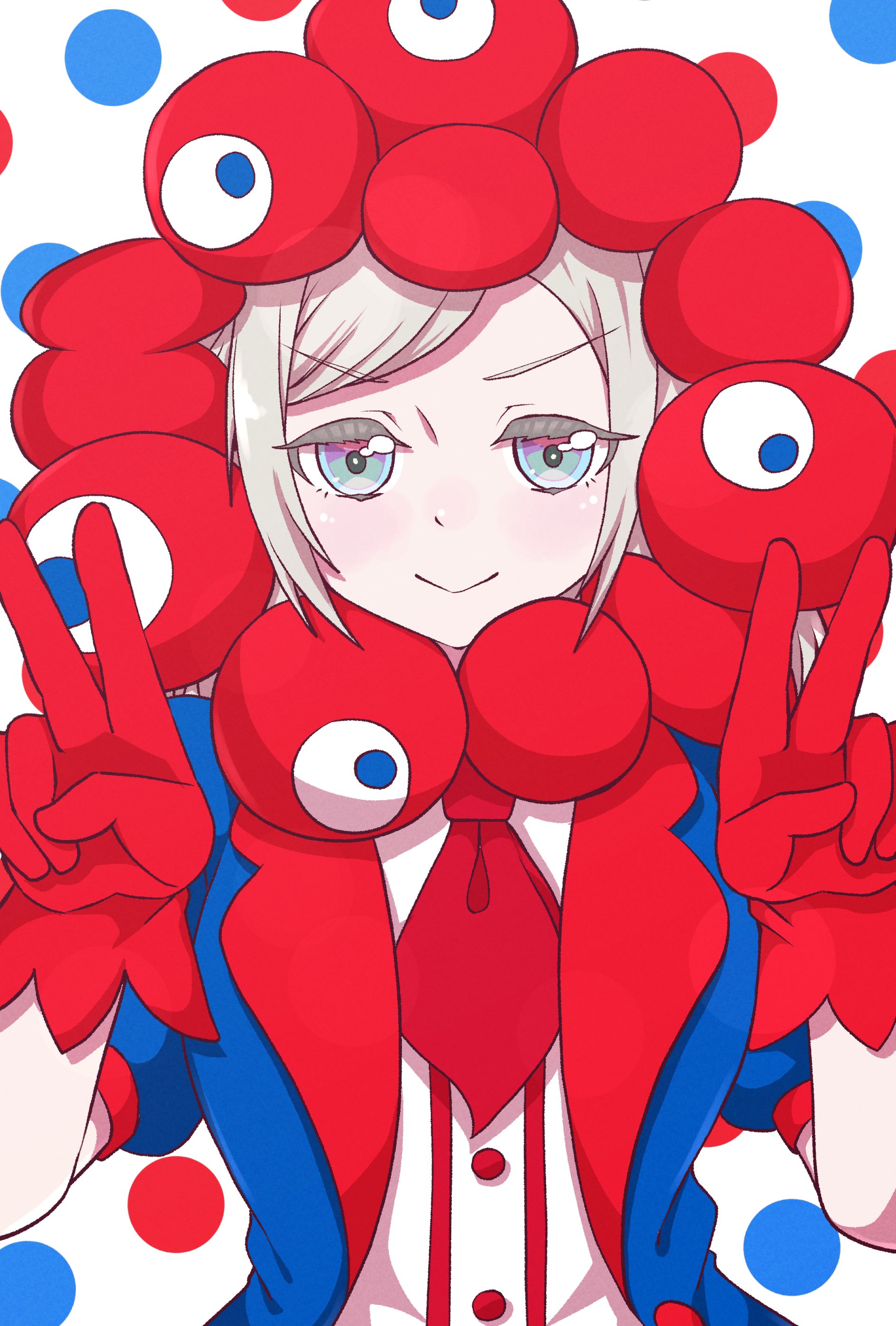 sivematsu, ceras yanagida lilienfeld, myaku-myaku, expo2025, link! like! love live!, love live!, absurdres, commentary request, highres, >:), 1girl, blue background, blue eyes, closed mouth, double v, gloves, grey hair, looking at viewer, neckerchief, official alternate costume, polka dot, polka dot background, red gloves, red neckerchief, shirt, smile, solo, upper body, v, v-shaped eyebrows, virtual youtuber, white shirt