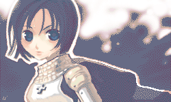 milktea (aoiexk), original, archived source, commentary, english commentary, lowres, 1girl, armor, blue eyes, blue hair, blue theme, breastplate, cape, closed mouth, cross, knight, looking at viewer, pauldrons, plate armor, short hair, shoulder armor, solo, straight hair, vambraces