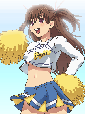 awa, bessho koyoi, hatsukoi limited, lowres, 1girl, blush, breasts, brown hair, cheerleader, crop top, female focus, hair ribbon, jaggy lines, long hair, midriff, navel, no bra, oekaki, pom pom (cheerleading), purple eyes, ribbon, short twintails, skirt, solo, twintails, two side up, underboob