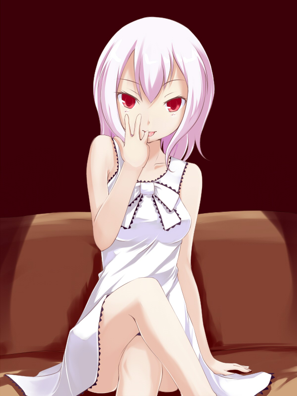 kuro (be ok), original, bad id, bad pixiv id, 1girl, crossed legs, dress, female focus, licking, pink hair, red eyes, sitting, solo