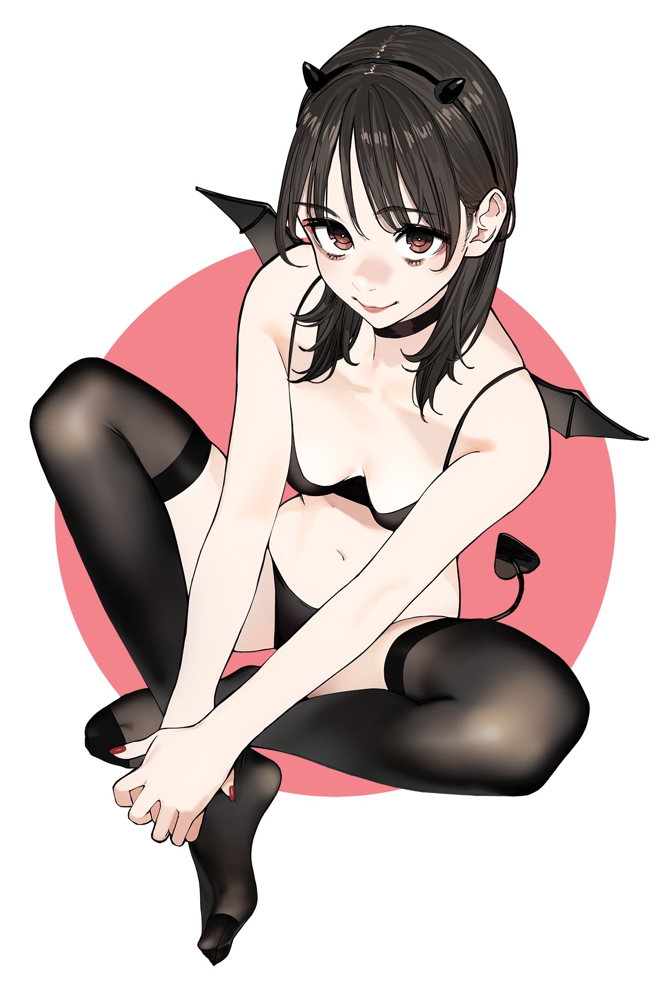 yomu (sgt epper), original, commentary, highres, symbol-only commentary, 1girl, black bra, black choker, black panties, black thighhighs, bra, breasts, brown eyes, brown hair, choker, collarbone, demon tail, demon wings, fake horns, halloween costume, horns, indian style, medium hair, nail polish, own hands together, panties, parted lips, red nails, sitting, small breasts, smile, solo, tail, thighhighs, underwear, wings