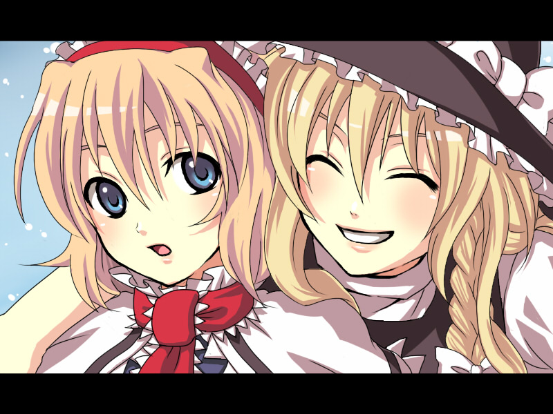 irino, alice margatroid, kirisame marisa, touhou, 2girls, blonde hair, blue eyes, braid, female focus, hairband, hat, letterboxed, multiple girls, smile, witch, witch hat