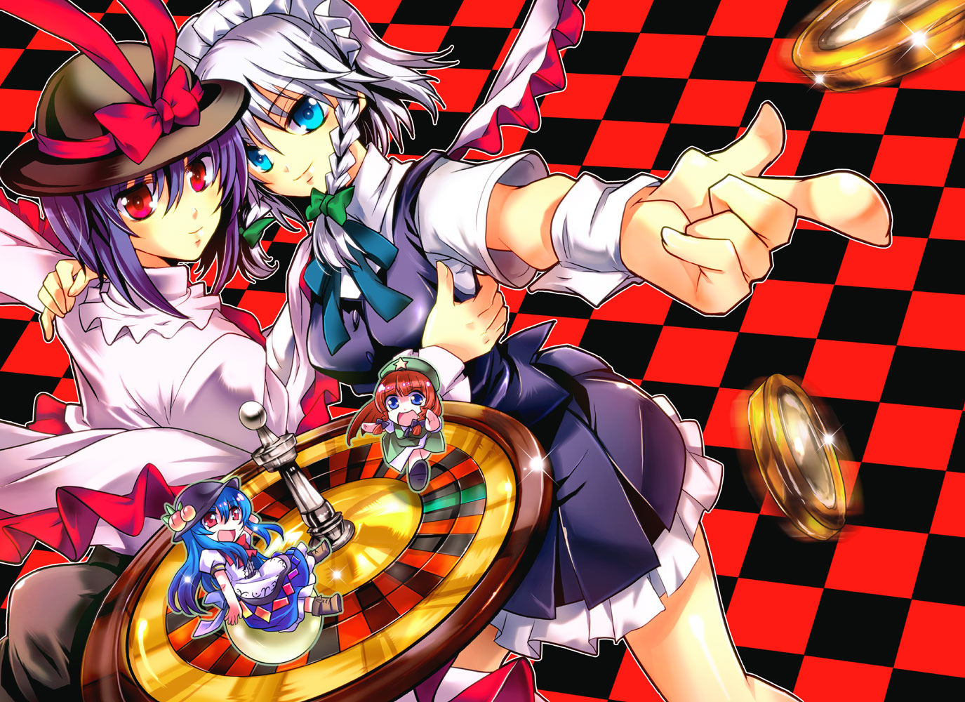taki tarou, takitarou, hinanawi tenshi, hong meiling, izayoi sakuya, nagae iku, touhou, bad id, bad pixiv id, 4girls, chibi, female focus, hat, multiple girls, poker chip, roulette