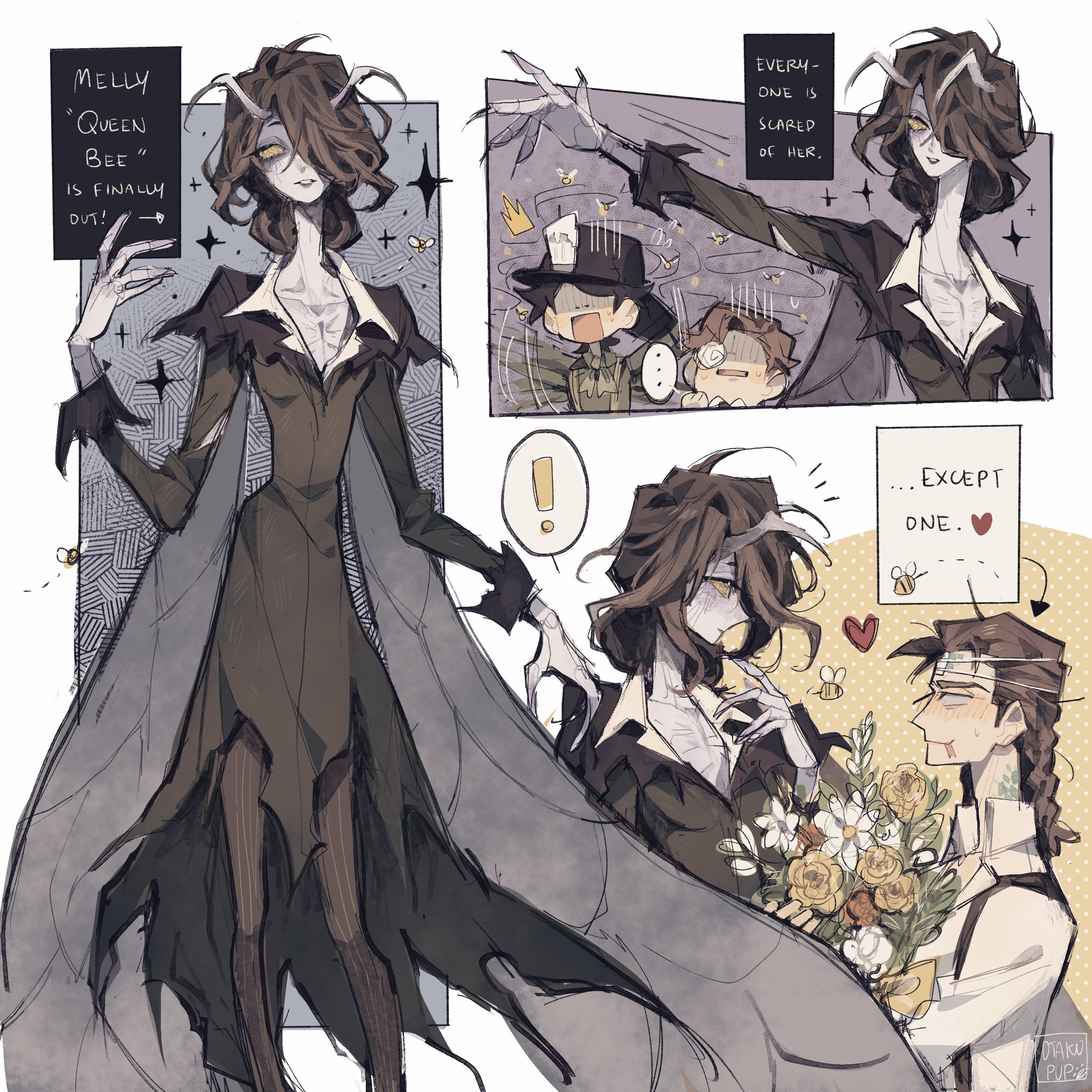 otakupup, norton campbell, orpheus (identity v), identity v, highres, !, …, 1girl, 3boys, :p, antennae, arthropod girl, bee, blank eyes, bouquet, braid, breasts, brown hair, brown pants, bug, character name, claws, coat, colored skin, couple, eyepatch, faceless, faceless male, feet out of frame, flower, forked tongue, green coat, green shirt, grey skin, hair over one eye, hand on own chin, heart, hetero, holding, holding bouquet, insect, looking at another, luchino diruse, medium hair, monocle, multiple boys, pants, queen bee (identity v), scales, shirt, skinny, small breasts, solid eyes, spoken ellipsis, spoken exclamation mark, striped blush, striped clothes, striped pants, suspenders, sweat, tongue, tongue out, torn clothes, torn coat, unworn eyepatch, upper body, wavy hair, white shirt, yellow eyes