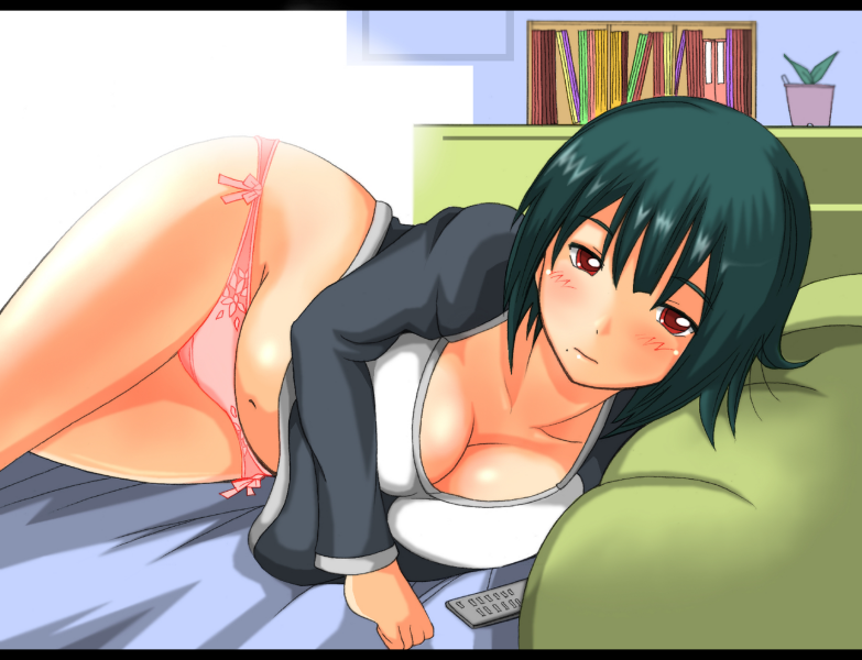 shiina you (tomoshibi), otonashi kotori, idolmaster, idolmaster (classic), 00s, 1girl, bed, blush, breasts, cleavage, curvy, female focus, green hair, hip focus, indoors, large breasts, lying, mole, mole under mouth, on side, panties, pink panties, red eyes, short hair, solo, underwear, wide hips