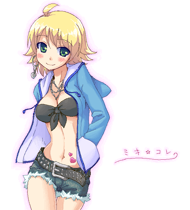 hakkaku shikimi, hoshii miki, idolmaster, idolmaster (classic), idolmaster 1, 00s, 1girl, alternate hair length, alternate hairstyle, belt, bikini, bikini top only, black bikini, blonde hair, denim, denim shorts, dithering, earrings, female focus, front-tie top, green eyes, hood, hoodie, jewelry, midriff, navel, necklace, oekaki, open clothes, open hoodie, short hair, shorts, smile, solo, swimsuit