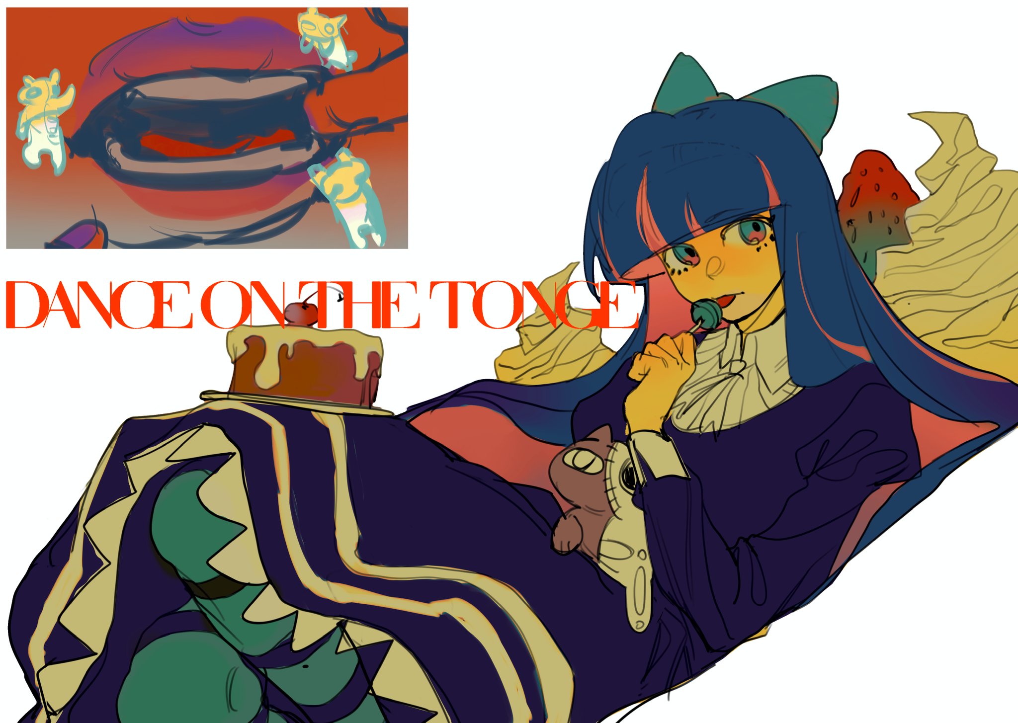 guru.zong, honekoneko (psg), stocking (psg), panty & stocking with garterbelt, hashtag-only commentary, highres, 1girl, black dress, blue eyes, colored inner hair, dress, long hair, looking at viewer, multicolored hair, pink hair, purple hair, solo