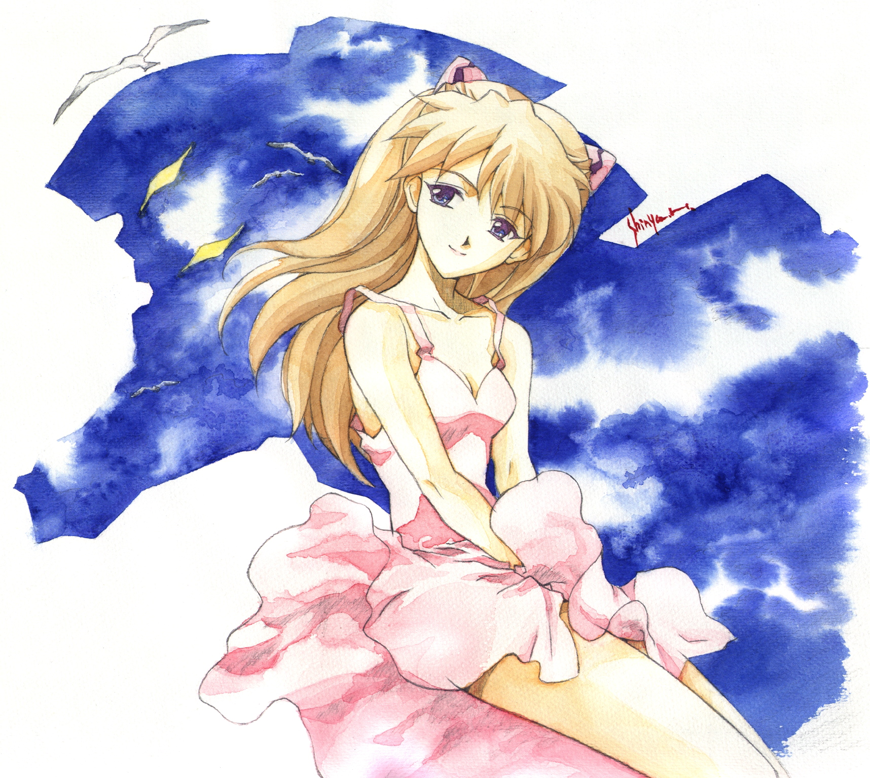 hasegawa shin'ya, eva 02, souryuu asuka langley, neon genesis evangelion, cleaned, highres, official art, painting (medium), traditional media, watercolor (medium), 1girl, bird, blonde hair, blue eyes, blush, cloud, dress, female focus, hair ornament, hairclip, orange hair, pink dress, seagull, sitting, sky, smile, solo, sundress, twintails, two side up