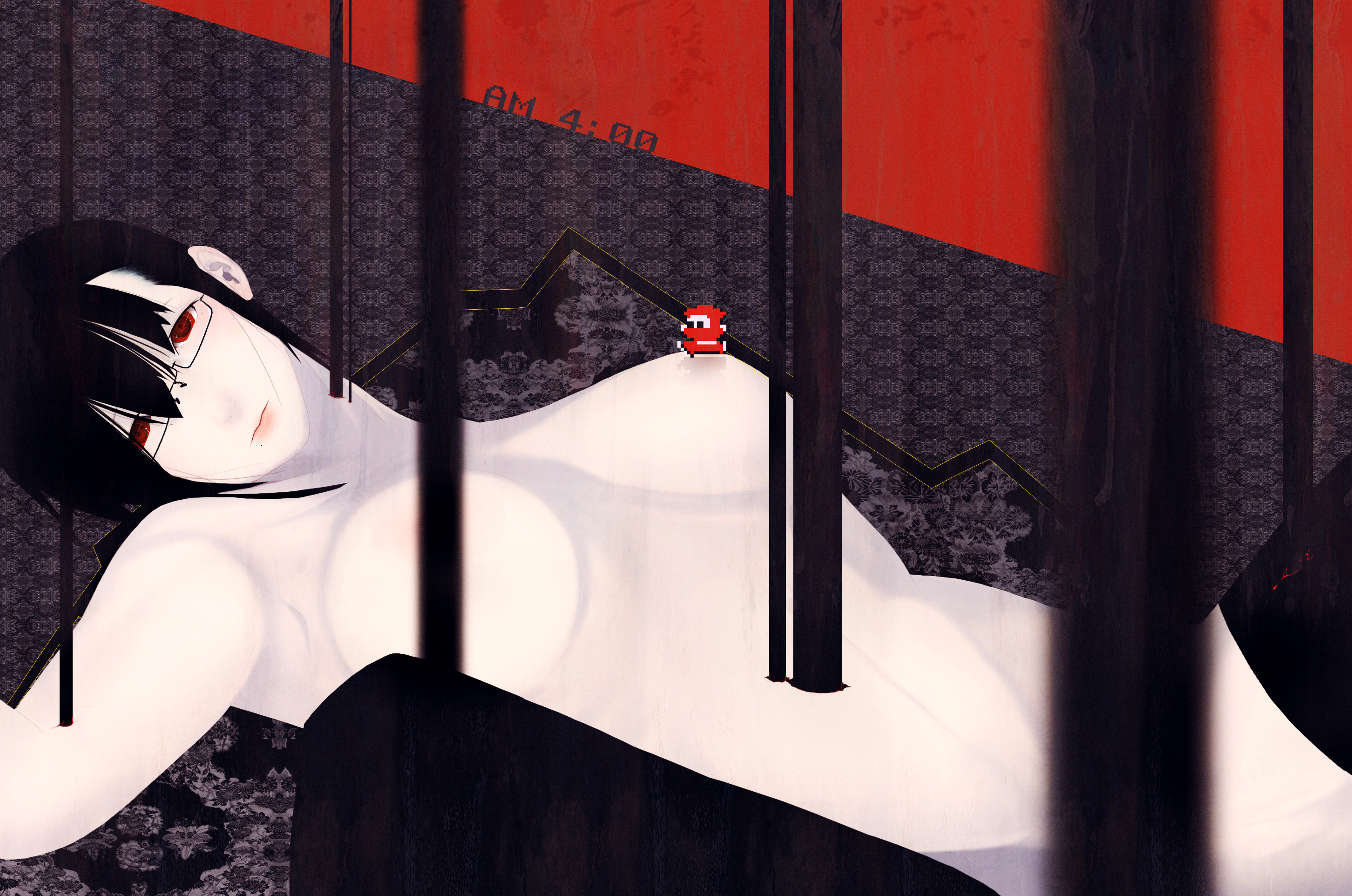 dskb, highres, black hair, glasses, red eyes, solo, surreal, thighhighs