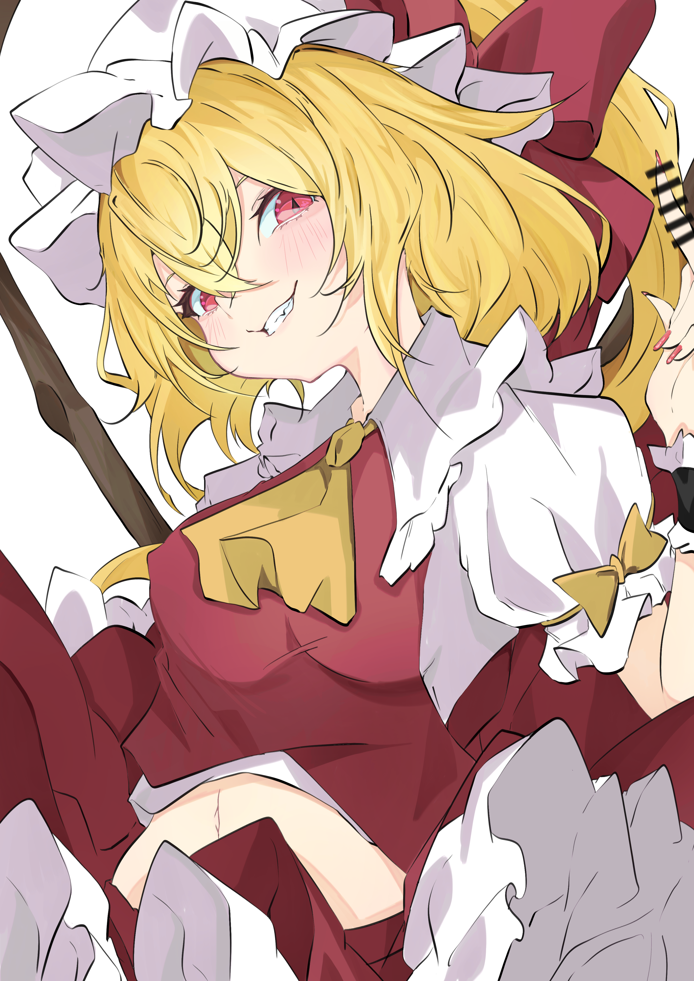 unanooo (fthx7532), flandre scarlet, touhou, absurdres, commentary, highres, 1girl, alternate breast size (larger), ascot, blonde hair, blush, censored, censored gesture, fingernails, grin, hair between eyes, hat, long fingernails, middle finger, midriff peek, mob cap, navel, puffy short sleeves, puffy sleeves, red eyes, short hair, short sleeves, simple background, smile, solo, upper body, white background, yellow ascot