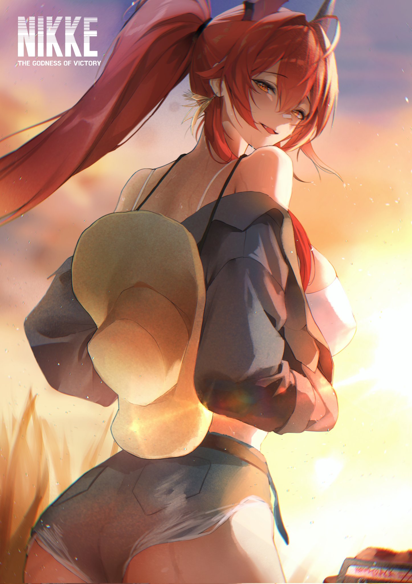 n1n1, red hood (nikke), goddess of victory: nikke, hashtag-only commentary, highres, 1girl, ahoge, ass, bare shoulders, black horns, breasts, camisole, copyright name, cowboy hat, cutoffs, denim, denim jacket, from behind, hair intakes, hat, hat on back, horns, jacket, large breasts, mechanical horns, official alternate costume, open mouth, ponytail, red hair, red hood (retro days) (nikke), solo, tank top, white camisole, white tank top, yellow eyes