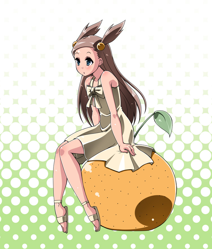 satsuki imonet, jasmine (pokemon), nintendo, pokemon, pokemon gsc, 1990s (style), 1girl, blush, brown hair, dress, female focus, food, fruit, green eyes, gym leader, halftone, halftone background, long hair, mini person, minigirl, name connection, object namesake, orange (fruit), retro artstyle, sandals, sitting, solo, two side up