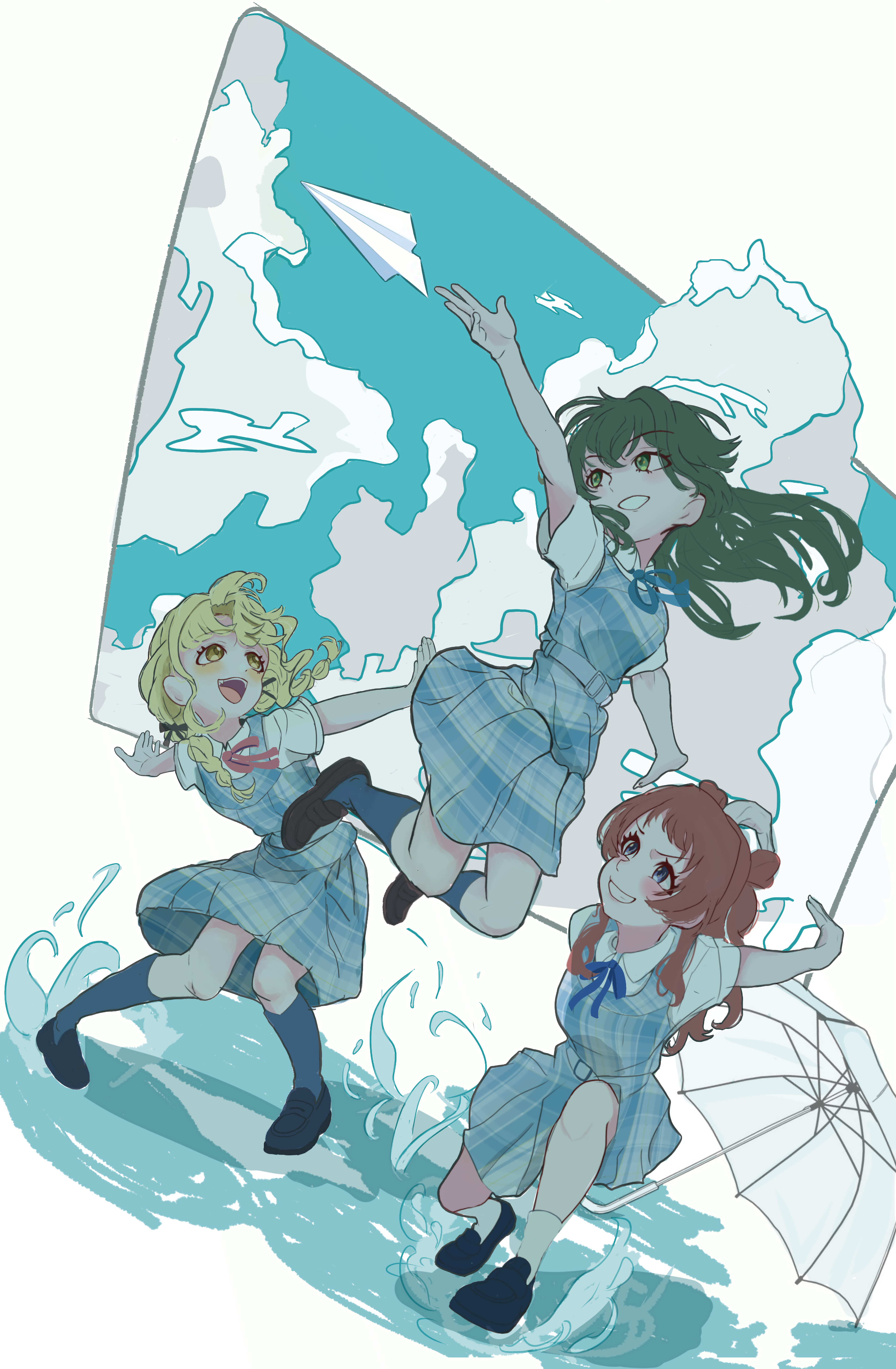 asawaka (bakushou), fujita kotone, hanami saki, tsukimura temari, gakuen idolmaster, idolmaster, absurdres, highres, 3girls, after rain, blonde hair, blue dress, cloud, dress, green hair, jumping, long hair, multiple girls, open mouth, paper airplane, plaid clothes, plaid dress, puddle, red hair, short sleeves, smile, umbrella