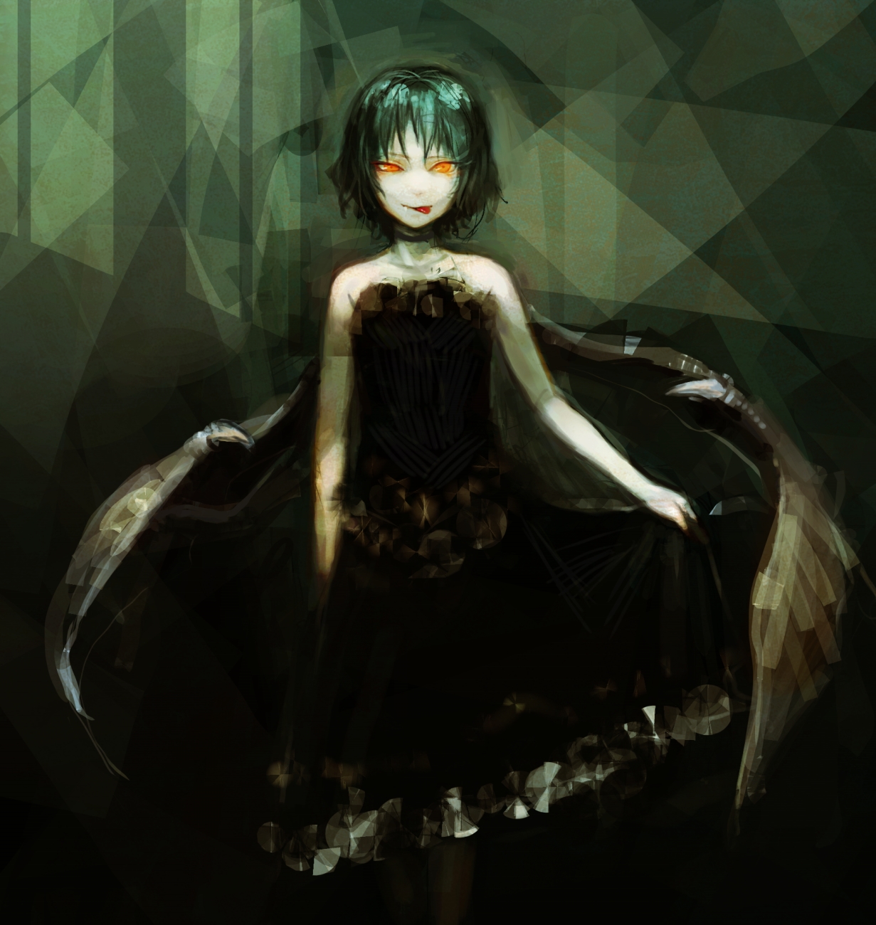 oguchi, remilia scarlet, touhou, highres, 1girl, alternate costume, alternate hair color, bare shoulders, black dress, choker, dress, female focus, green hair, orange eyes, pale skin, short hair, solo, tongue, wings