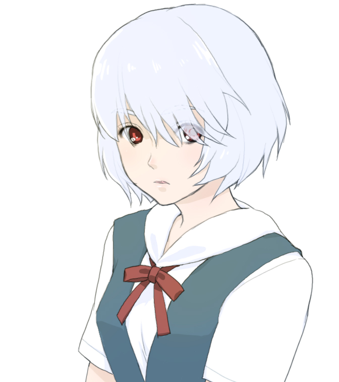 kari (kakko k), ayanami rei, neon genesis evangelion, bad id, bad pixiv id, red eyes, school uniform, short hair, solo, white hair