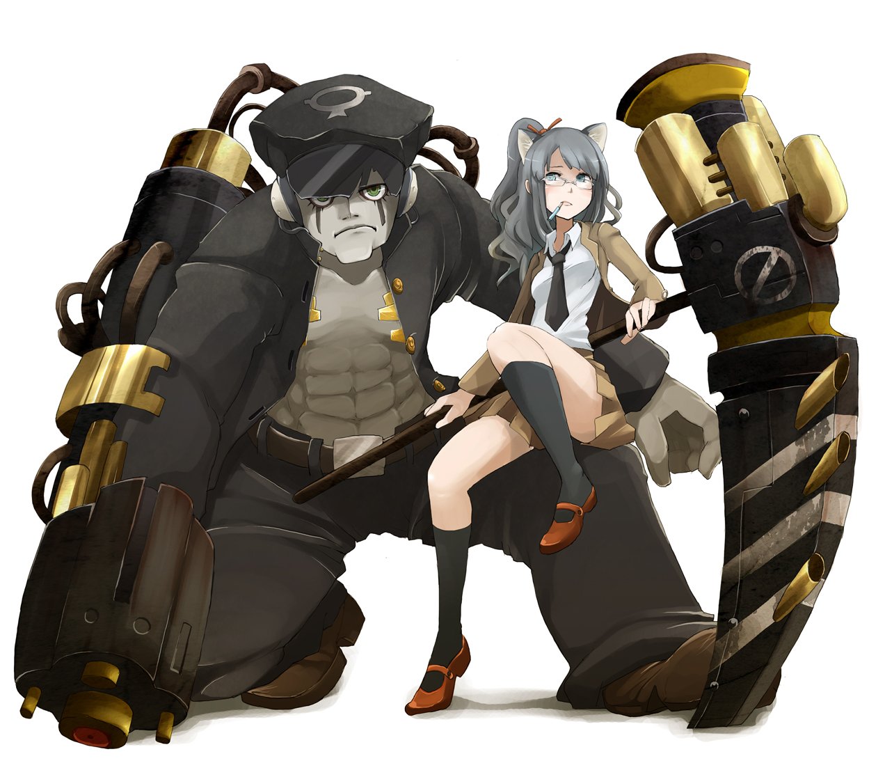 tansuke, original, silver hair, 1boy, 1girl, animal ears, cigarette, frown, glasses, green eyes, huge weapon, long hair, miniskirt, monster, mouth hold, necktie, pleated skirt, ponytail, school uniform, scythe, shoes, simple background, sitting, skirt, socks, wavy hair, weapon