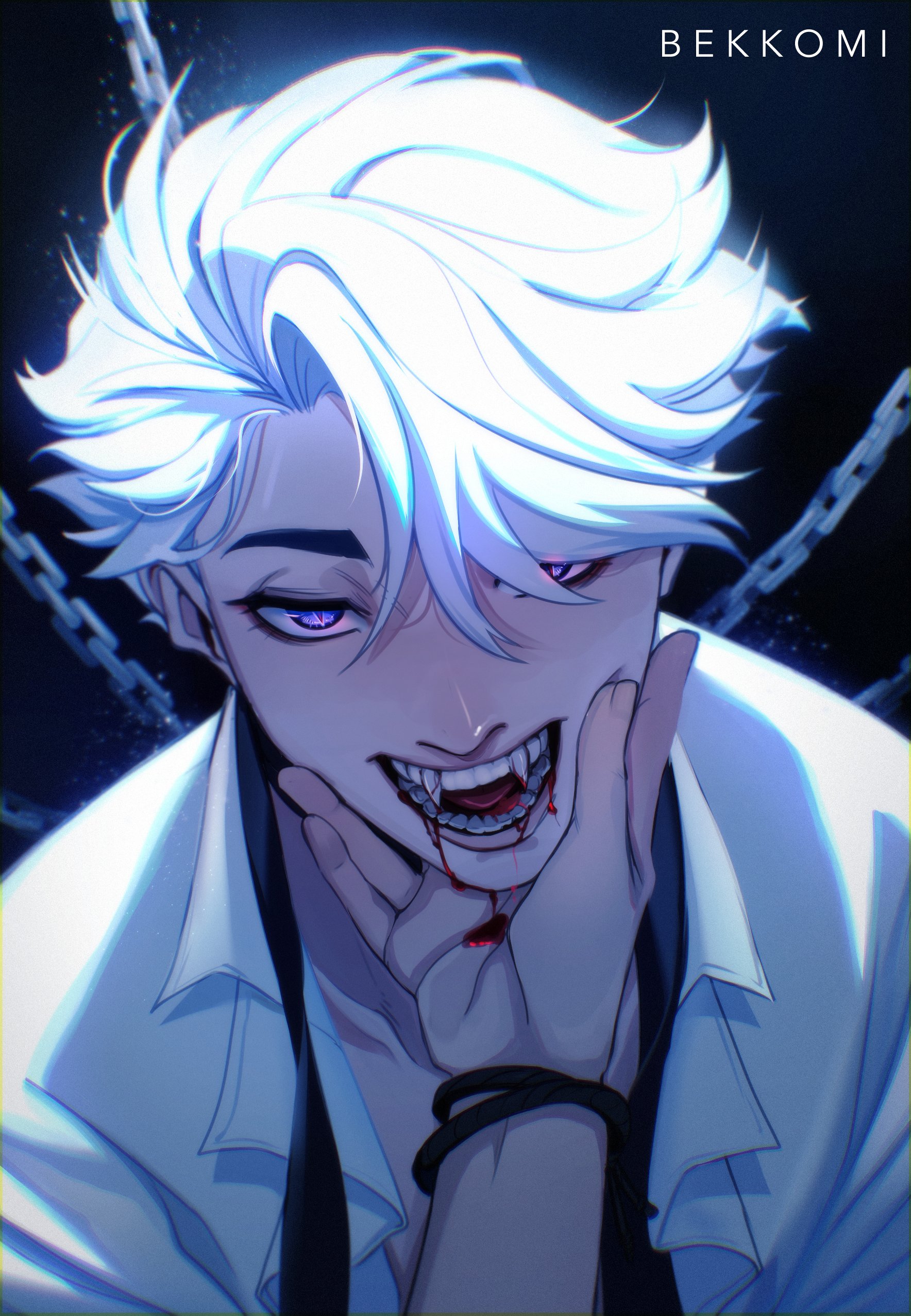 bekkomi, nice (to be hero x), to be hero, to be hero x, absurdres, highres, 1boy, 1other, backlighting, blood, blood from mouth, chain, collared shirt, curtained hair, fangs, glowing, grabbing another's face, head grab, male focus, neck ribbon, open mouth, pectoral cleavage, pectorals, pov, pov hands, purple eyes, ribbon, shirt, short hair, swept bangs, upper body, white hair, white shirt