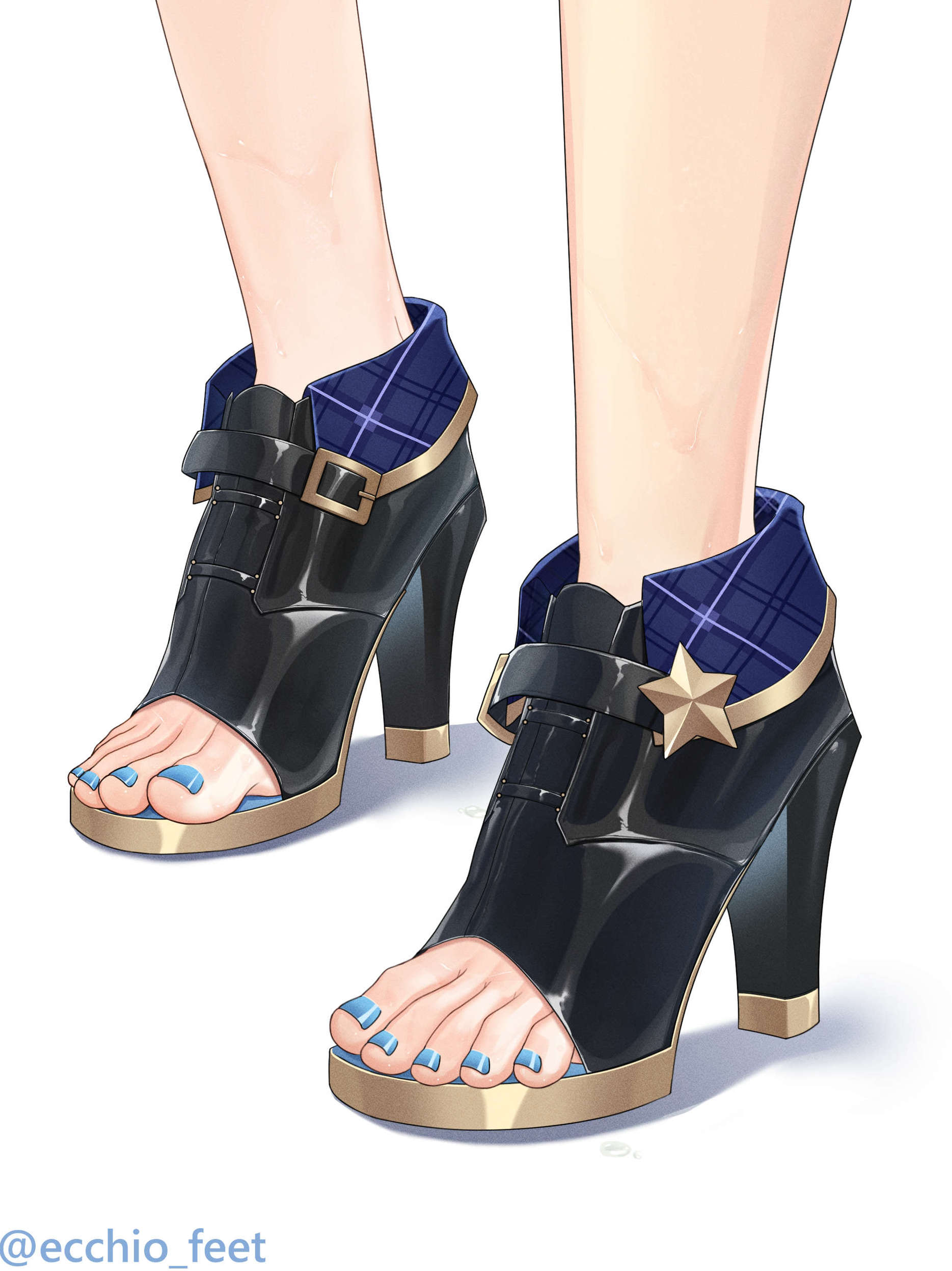 ecchi-o, hoshimachi suisei, hololive, absurdres, highres, 1girl, artist name, blue nails, feet, feet only, foot focus, footwear focus, gold trim, high heels, nail polish, open-toe shoes, shadow, simple background, solo, sweat, sweatdrop, toenail polish, toenails, toes, twitter username, virtual youtuber, white background