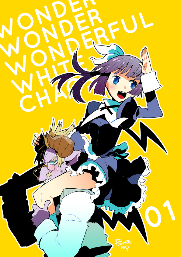 hamamoto ryuusuke, original, blue eyes, blush, carrying, dress, monster, purple hair, shoulder carry