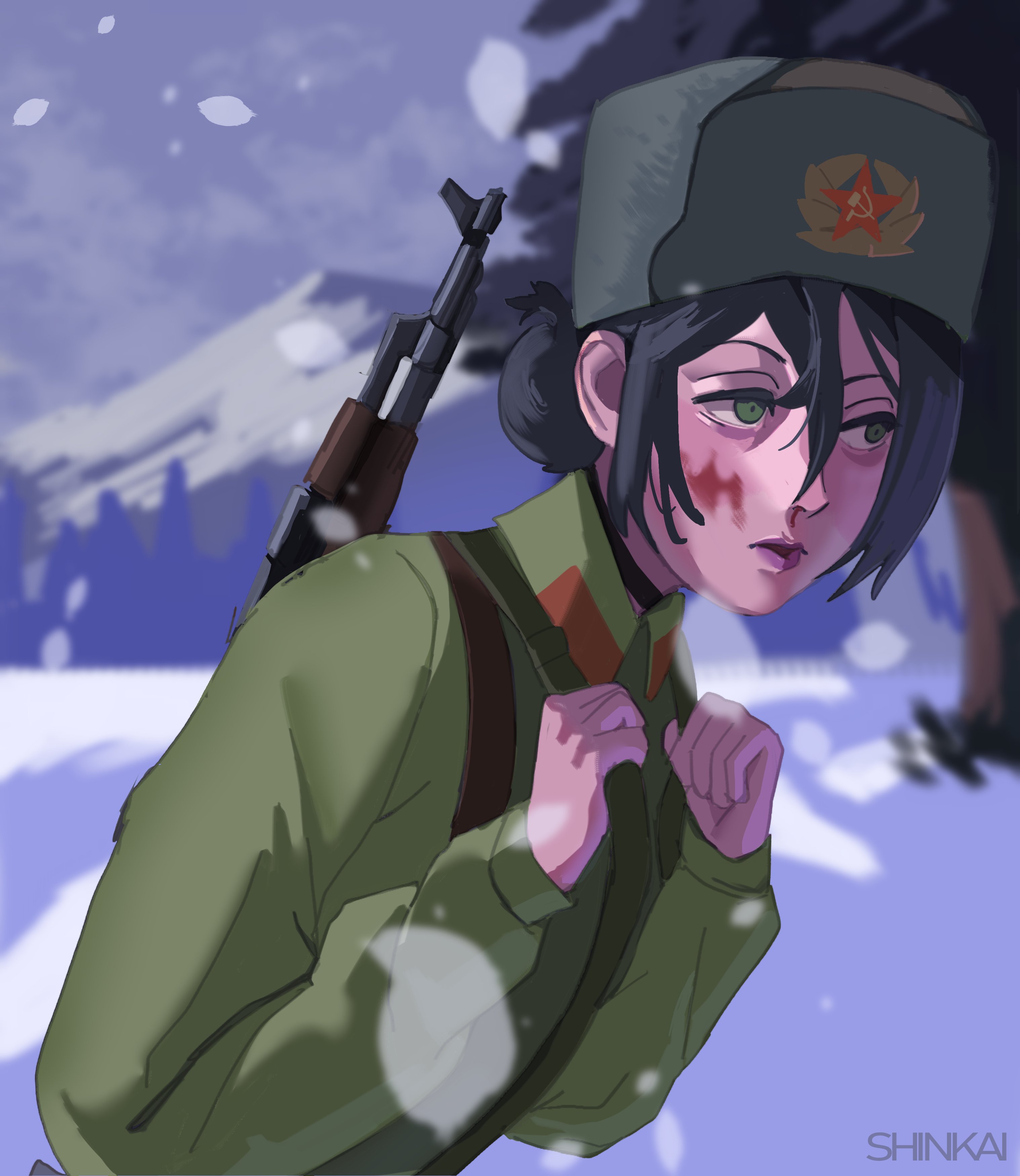 shinkai (ghoul-de-mask), reze (chainsaw man), chainsaw man, absurdres, highres, 1girl, black hair, blood, blood on face, green eyes, green jacket, gun, gun on back, hair between eyes, hair bun, hammer and sickle, jacket, military jacket, military uniform, mountain, nosebleed, outdoors, rifle, snow, snowing, solo, tree, weapon, weapon on back, winter, winter clothes