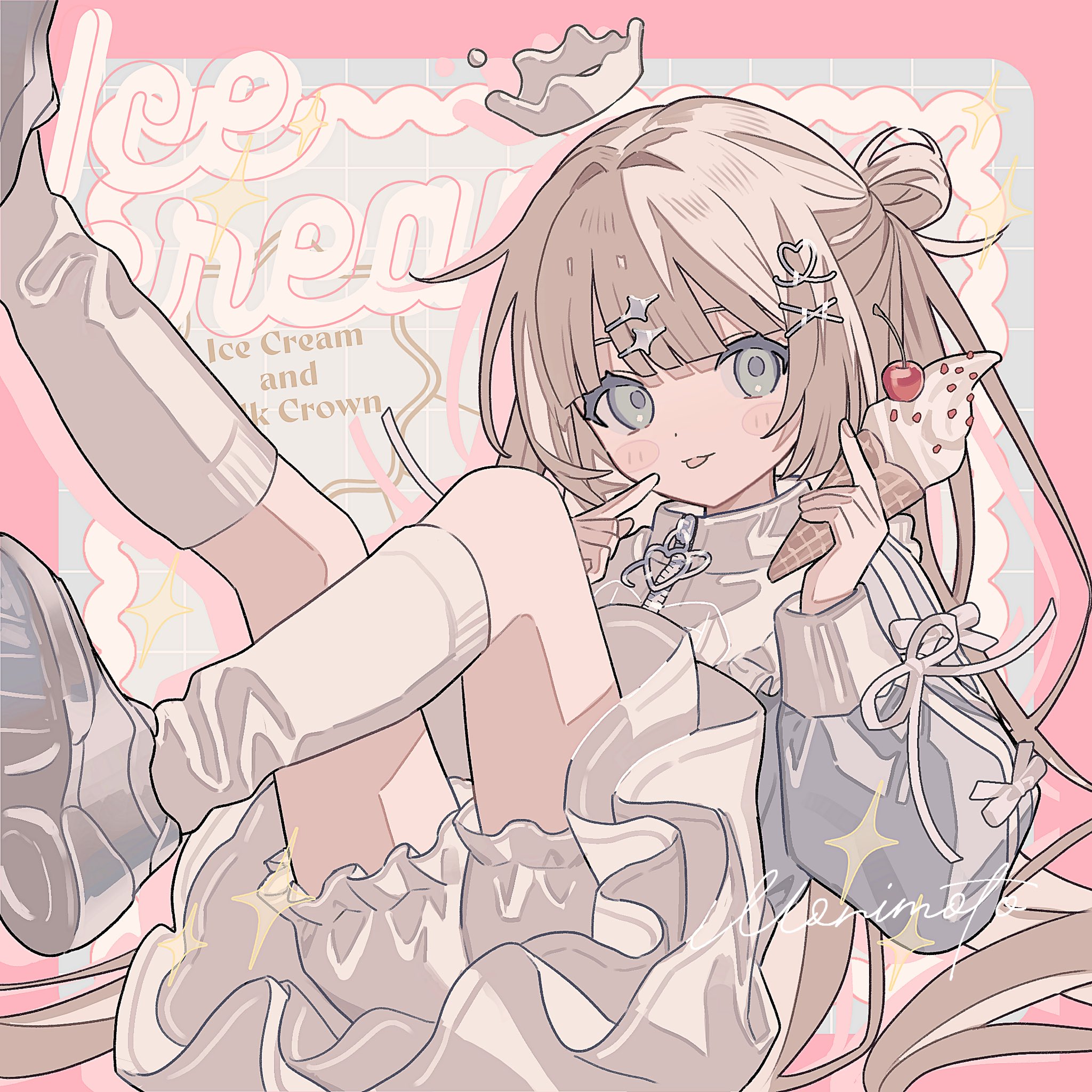 milk crown, moo n moko, original, highres, 1girl, bloomers, brown hair, crown, dress, food, hair bun, hair ornament, holding, holding food, holding ice cream, ice cream, leg up, long hair, long sleeves, looking at viewer, mini crown, socks, solo, splash crown, underwear, white socks