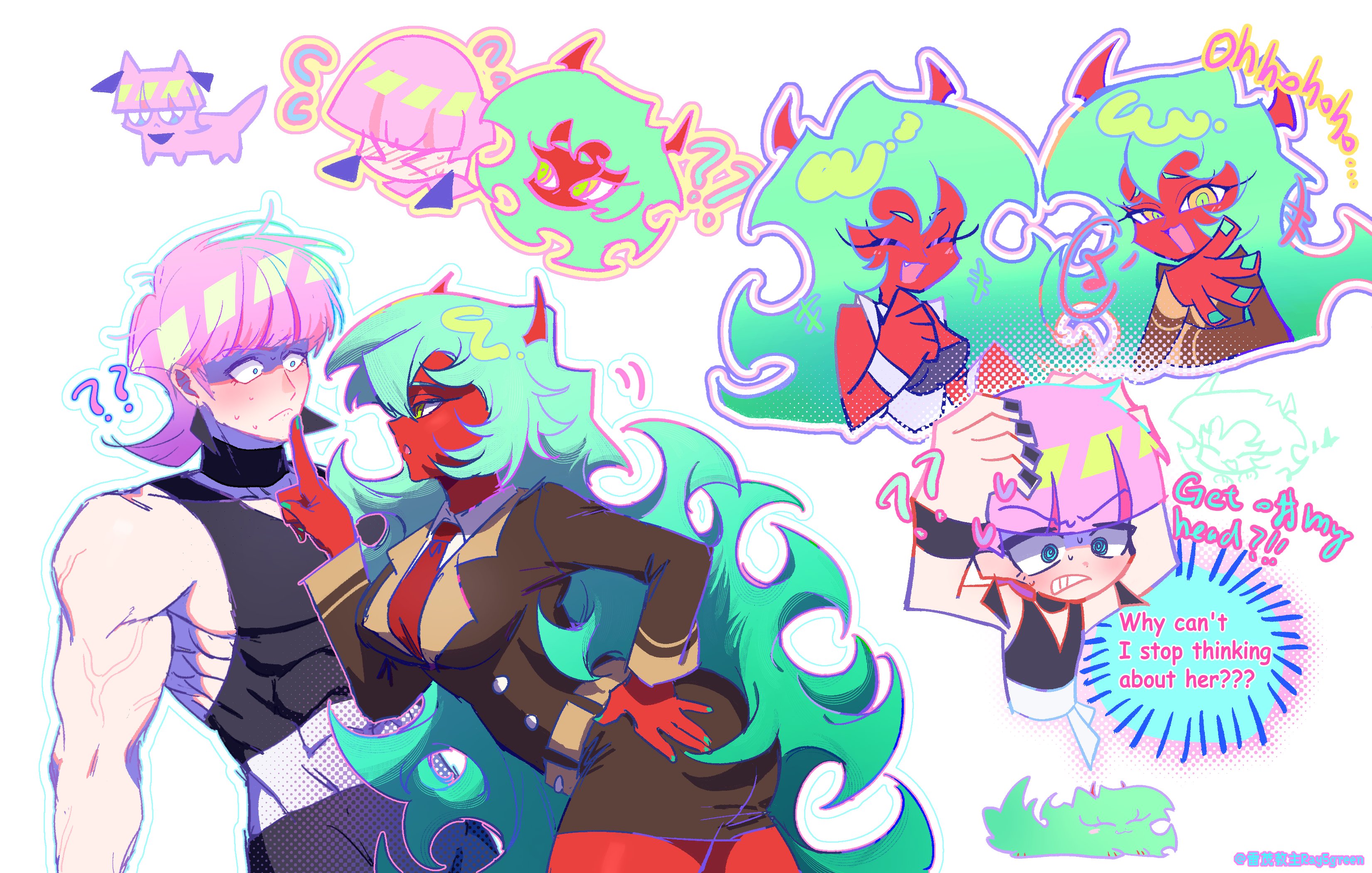 ray5green, polyurethane (psg), scanty (psg), panty & stocking with garterbelt, absurdres, highres, 1boy, 1girl, black jumpsuit, blue eyes, blush, colored skin, demon girl, demon horns, face-to-face, green eyes, green hair, horns, jumpsuit, muscular, muscular male, pink hair, red skin, school uniform