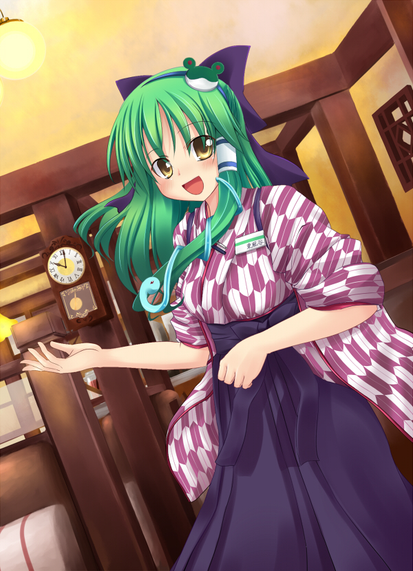makino (ukiuo), kochiya sanae, bashamichi, touhou, 1girl, arrow print, clock, dress, female focus, green hair, japanese clothes, name tag, print dress, restaurant, snake, solo, tasuki, waitress, yagasuri, yellow eyes