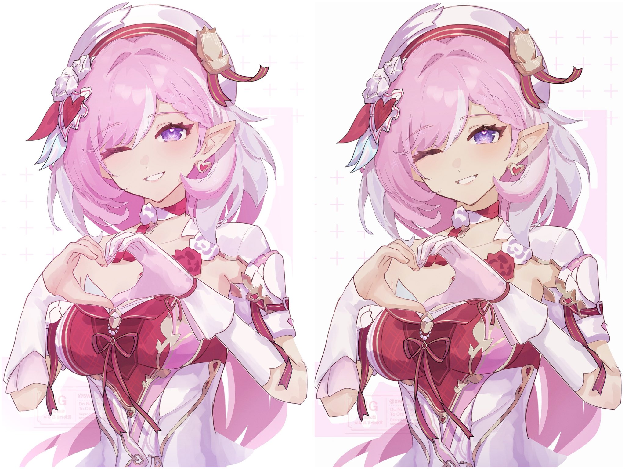 suwa (swk kkk), elysia (hi love elf) (honkai impact), elysia (honkai impact), honkai (series), honkai impact 3rd, alt text, highres, 1girl, ;), beret, breasts, cleavage, earrings, elf, four-finger heart hands, gloves, hat, heart, heart earrings, heart hands, jewelry, large breasts, long hair, looking at viewer, multiple views, one eye closed, pink hair, pointy ears, purple eyes, single glove, smile, very long hair, white background, white gloves