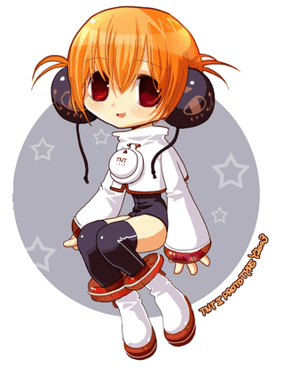 milktea (aoiexk), original, archived source, lowres, 1girl, 2000s (style), black leotard, black socks, blush, chibi, collared shirt, cropped shirt, drawstring, earmuffs, full body, hair between eyes, knees together feet apart, leotard, long sleeves, looking at viewer, open mouth, orange hair, outline, over-kneehighs, red eyes, retro artstyle, shirt, shoes, short hair, sleeves past wrists, socks, solo, star (symbol), straight hair, teeth, thighhighs, transparent background, upper teeth only, white outline, white shoes, white sleeves, wide sleeves