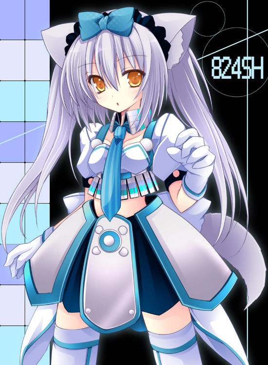 kannon ouji, original, animal ears, armor, bow, cat ears, gloves, hair bow, purple hair, solo, thighhighs, twintails, yellow eyes, zettai ryouiki