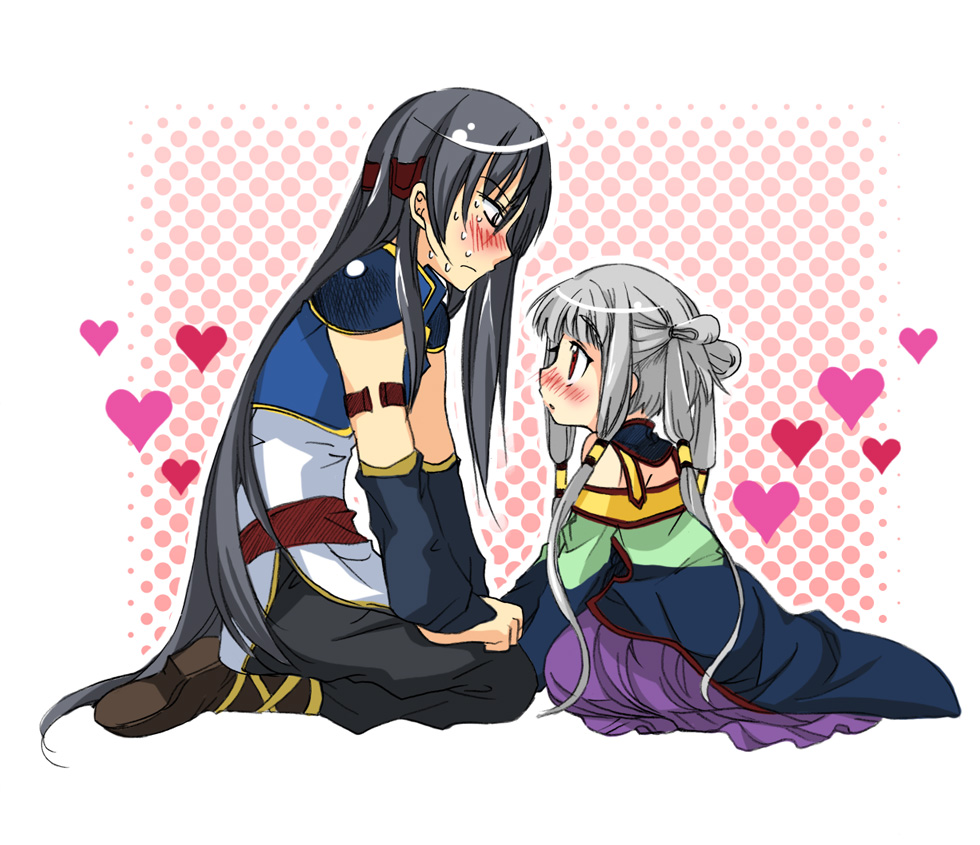 izumi rei, li xingke, tianzi, code geass, silver hair, 00s, 1boy, 1girl, armlet, black hair, blush, clenched teeth, closed eyes, detached sleeves, from side, full body, heart, height difference, hetero, holding hands, jewelry, nose blush, profile, sitting, teeth, wince