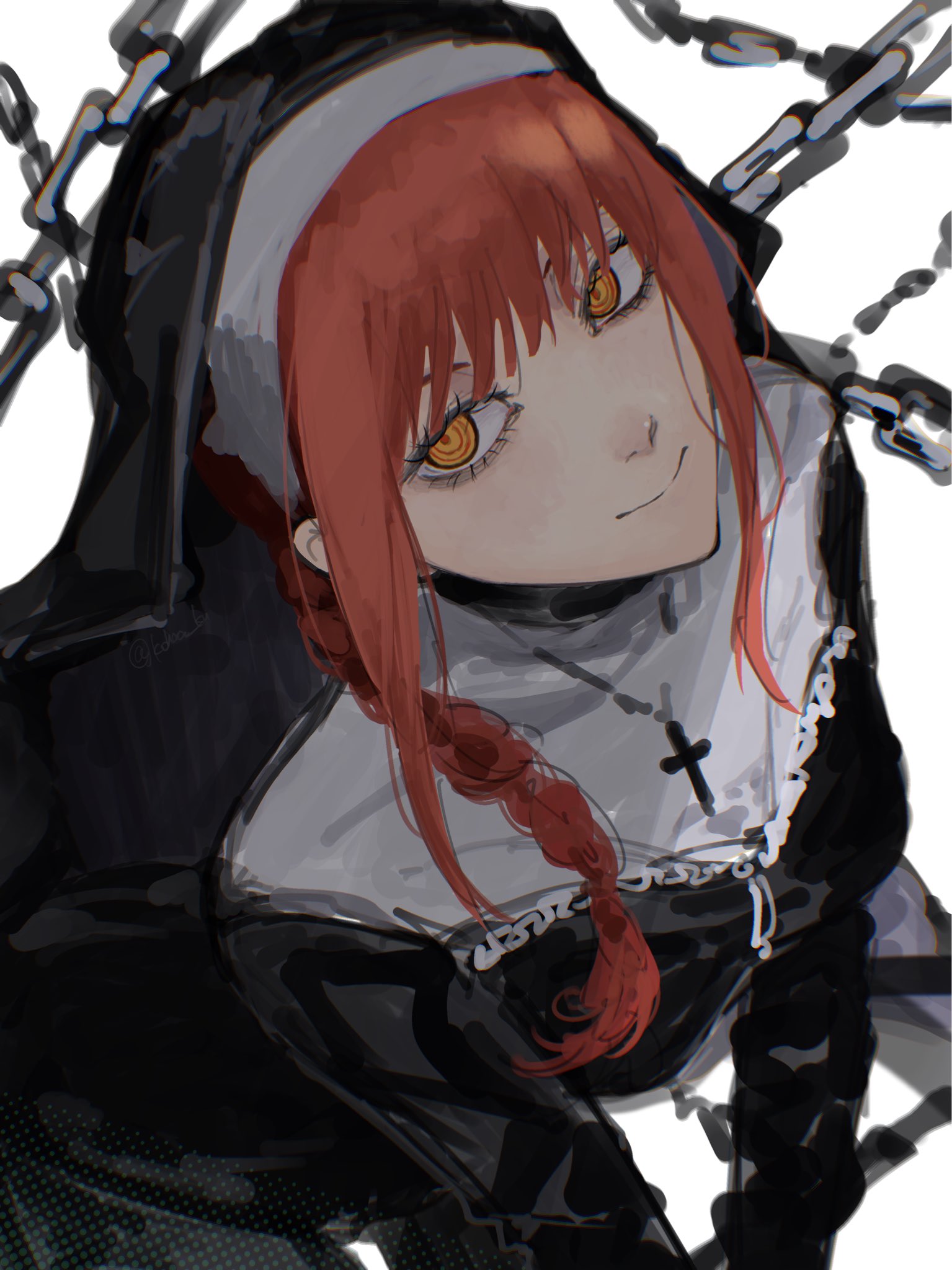 kohaa ku, makima (chainsaw man), chainsaw man, highres, 1girl, alternate costume, black dress, braid, chain, closed mouth, cross, cross necklace, dress, jewelry, long hair, necklace, nun, red hair, ringed eyes, smile, solo, white background, yellow eyes