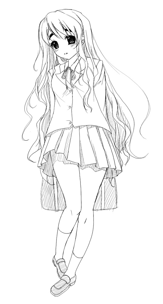 frapowa, kotobuki tsumugi, k-on!, 00s, 1girl, female focus, full body, greyscale, monochrome, school uniform, simple background, solo