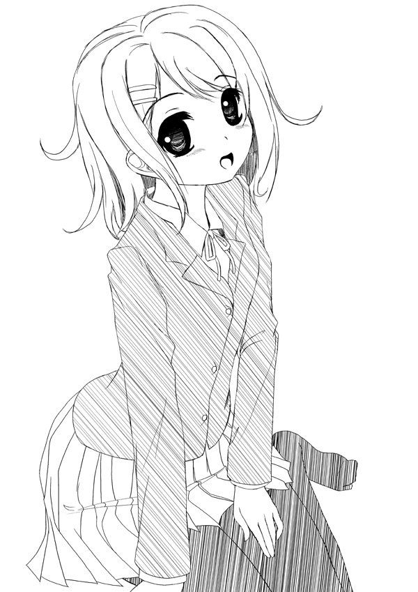 frapowa, hirasawa yui, k-on!, 00s, 1girl, female focus, greyscale, monochrome, pantyhose, school uniform, simple background, solo