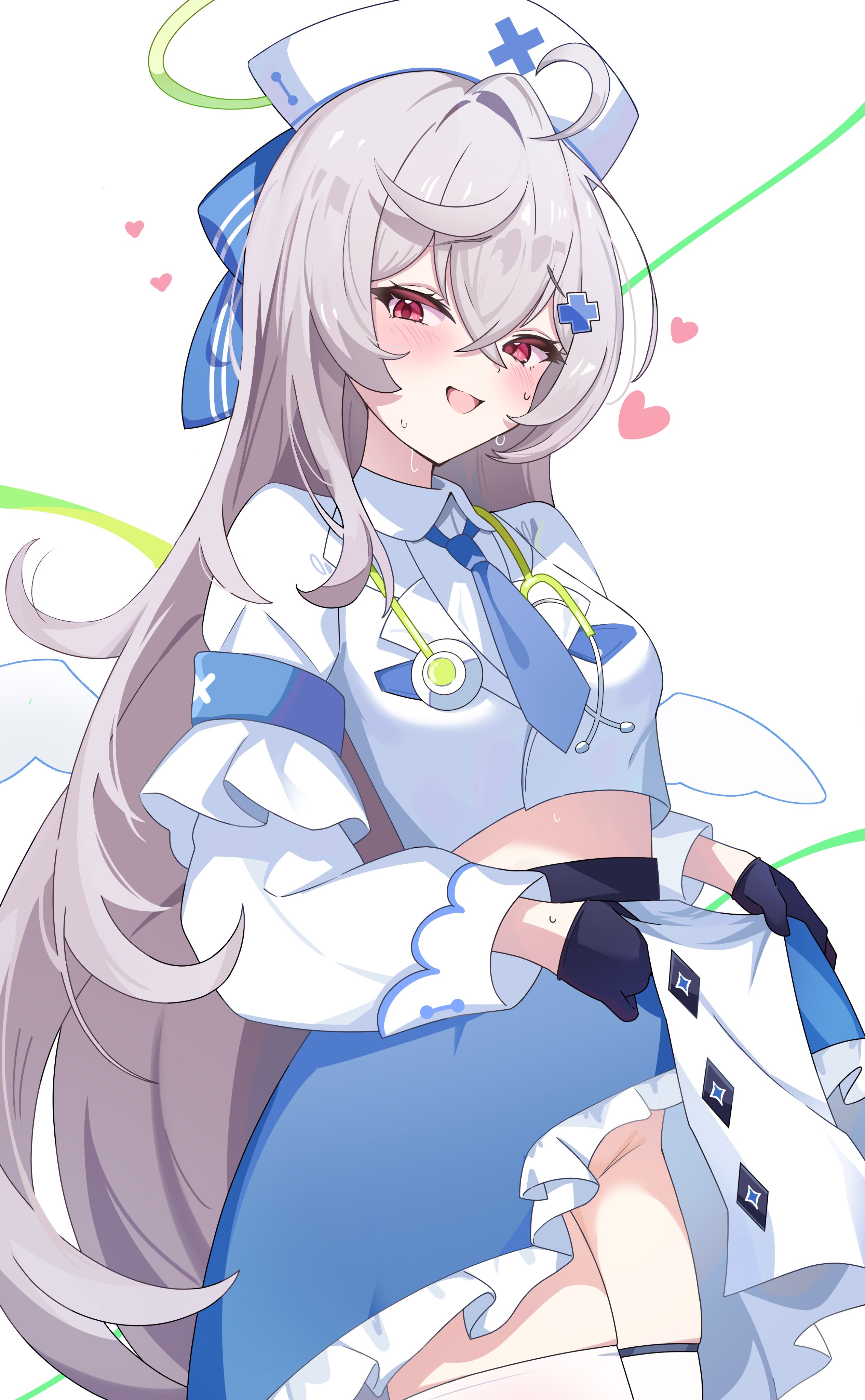 kanimiso30601, beatrixa (stella sora), stella sora, absurdres, commentary request, highres, 1girl, ahoge, angel, angel wings, armband, blue armband, blue gloves, blue necktie, blue skirt, blush, clothes lift, collared shirt, crossed bangs, frilled skirt, frills, gloves, green halo, grey hair, hair between eyes, halo, hat, heart, lifting own clothes, long hair, long sleeves, looking at viewer, midriff, necktie, no panties, nurse, nurse cap, open mouth, red eyes, shirt, skirt, skirt lift, smile, solo, stethoscope, stethoscope around neck, stomach, sweat, thighhighs, very long hair, white shirt, white thighhighs, wings