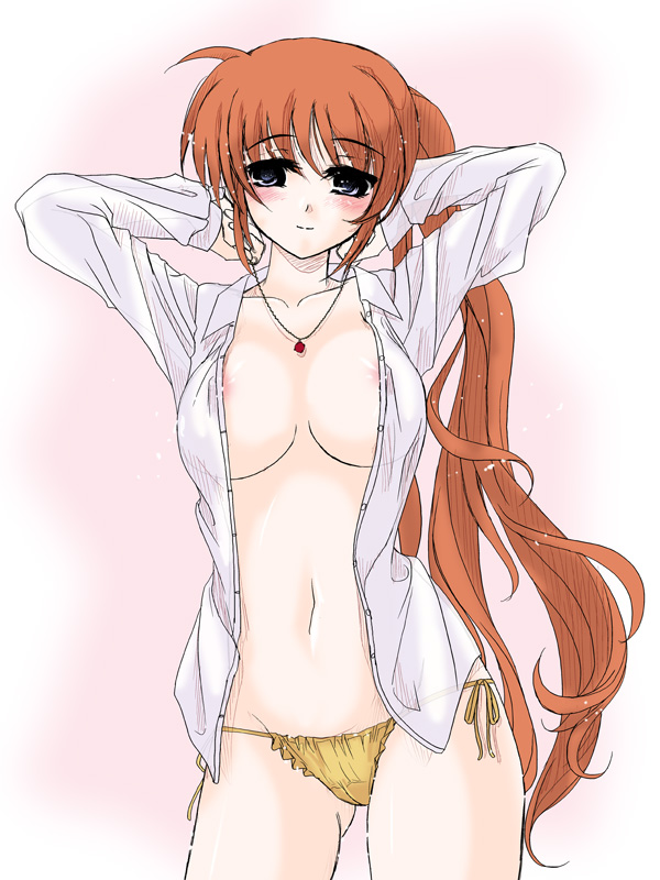 frapowa, raising heart, raising heart (standby mode), takamachi nanoha, lyrical nanoha, mahou shoujo lyrical nanoha, mahou shoujo lyrical nanoha strikers, unfinished, 00s, 1girl, arms up, blush, breasts, female focus, gradient background, jewelry, long hair, necklace, no bra, open clothes, open shirt, panties, shirt, side-tie panties, solo, underwear, very long hair, white shirt