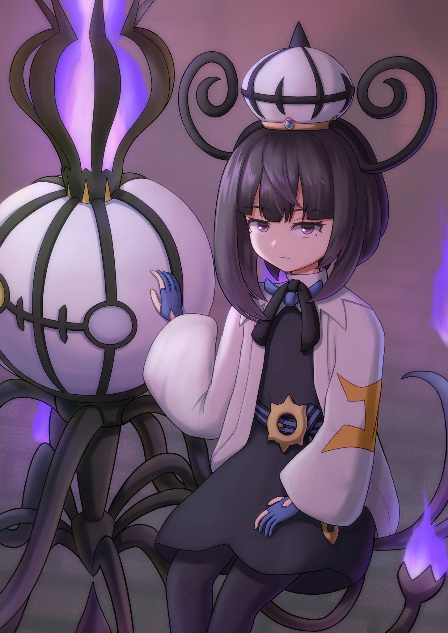 offencearmor-0131, chandelure, gwynn (pokemon), mega chandelure, nintendo, pokemon, pokemon legends: z-a, highres, 1girl, black dress, black hair, black pantyhose, blue gloves, bob cut, closed mouth, coat, dress, gen 5 pokemon, gloves, hat, long sleeves, looking at viewer, mega pokemon, multicolored hair, open clothes, open coat, pantyhose, partially fingerless gloves, pokemon (creature), purple eyes, purple hair, short hair, simple background, sitting on pokemon, two-tone hair, white coat, white hat