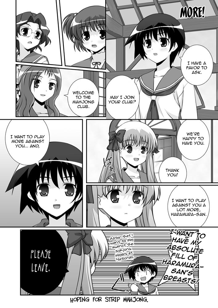 mikage takashi, haramura nodoka, kataoka yuuki, miyanaga saki, someya mako, takei hisa, saki (manga), hard-translated, third-party edit, translated, 00s, 4koma, 5girls, comic, english text, greyscale, monochrome, multiple girls, school uniform, serafuku, two side up