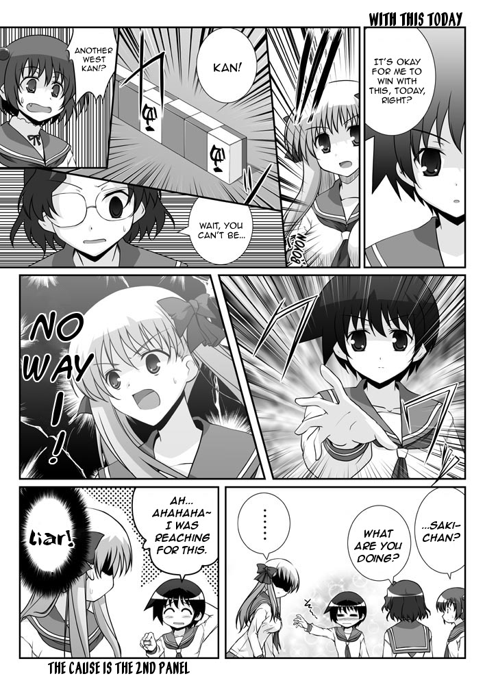mikage takashi, haramura nodoka, kataoka yuuki, miyanaga saki, someya mako, saki (manga), hard-translated, third-party edit, translated, 00s, 4girls, 4koma, board game, comic, english text, greyscale, mahjong, monochrome, multiple girls, playing games, school uniform, serafuku