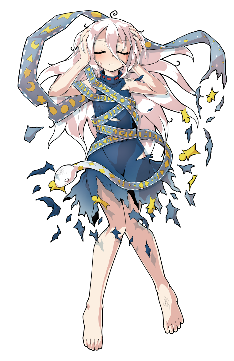 dairi, yuiman asama, fossilized wonders, touhou, commentary request, large variant set, variant set, 1girl, alphes (style), barefoot, blue dress, blush, crescent, defeat, dress, eye of providence, full body, grey hair, hair between eyes, hands up, long hair, long hair between eyes, parody, play button, ribbon around body, sleeveless, sleeveless dress, snake, solo, star (symbol), style parody, tachi-e, torn clothes, torn dress, triangle