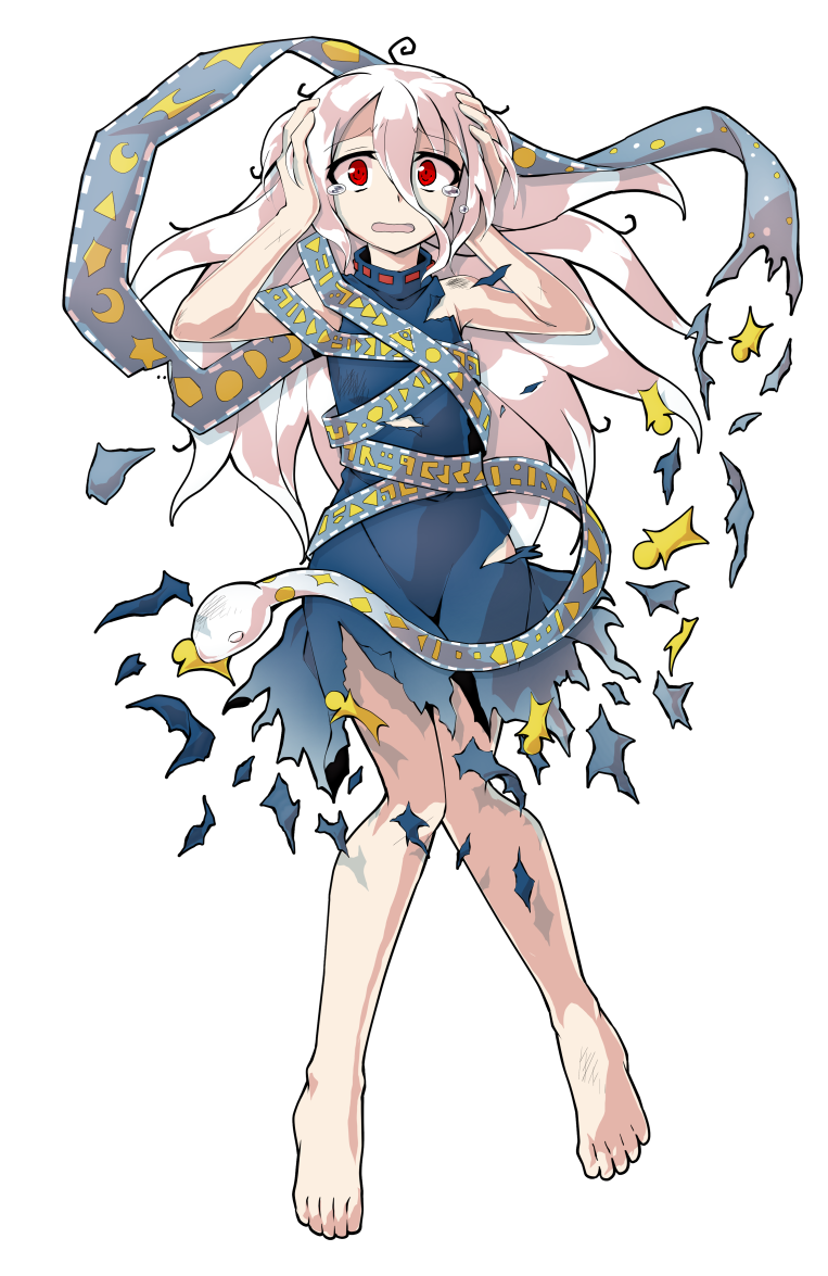 dairi, yuiman asama, fossilized wonders, touhou, commentary request, large variant set, variant set, 1girl, alphes (style), barefoot, blue dress, crescent, defeat, dress, eye of providence, full body, grey hair, hair between eyes, hands up, long hair, long hair between eyes, parody, play button, ribbon around body, sleeveless, sleeveless dress, snake, solo, star (symbol), style parody, tachi-e, torn clothes, torn dress, triangle