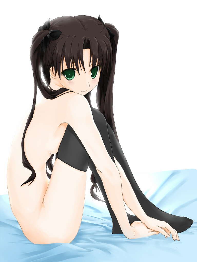 asamiya, tohsaka rin, fate/stay night, fate (series), type-moon, 00s, 1girl, bed, black socks, black thighhighs, bow, brown hair, feet, female focus, flat chest, green eyes, hair bow, hands on feet, hugging own legs, kneehighs, knees to chest, long hair, long legs, looking at viewer, no shoes, nude, sitting, smile, socks, solo, thighhighs