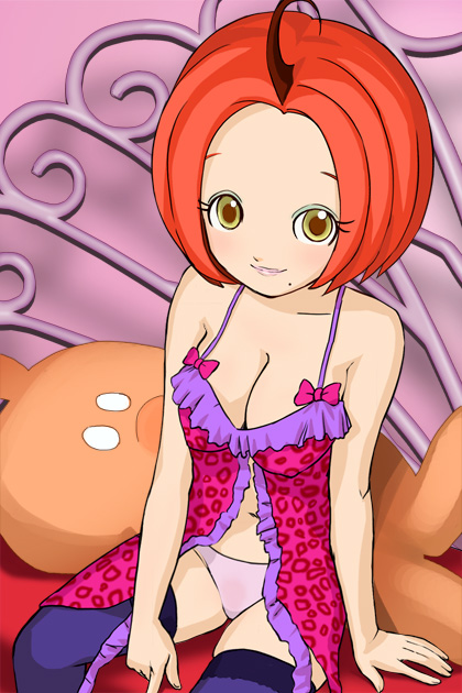 haruyama kazunori, charady, charady no joke na mainichi, 1girl, ahoge, babydoll, bed, breasts, cleavage, female focus, large breasts, lingerie, lipstick, makeup, mole, panties, red hair, short hair, solo, thighhighs, underwear, yellow eyes